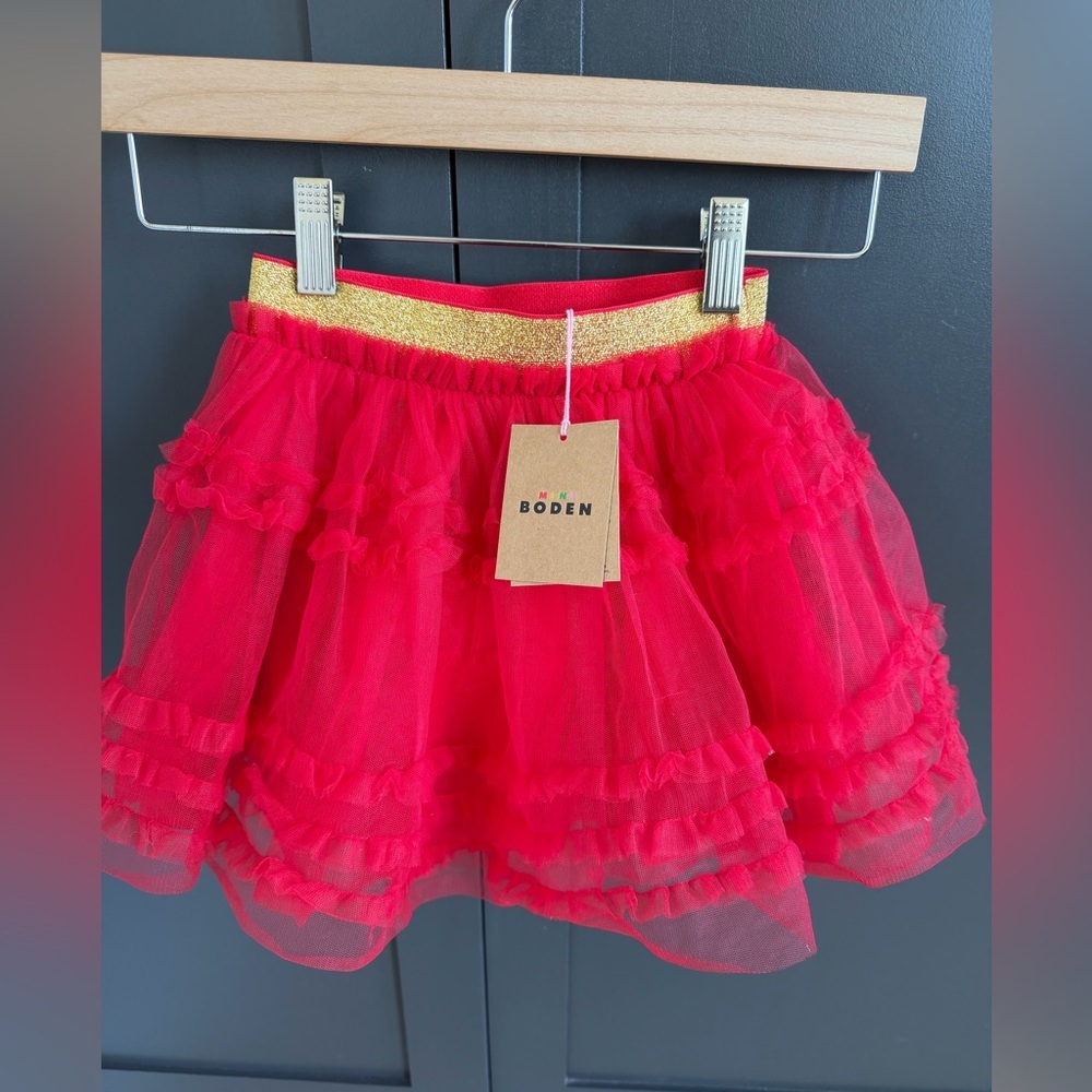 Mini Boden | Girls' Red Tulle Skirt | Gold Elastic Waist | 2-3 years
